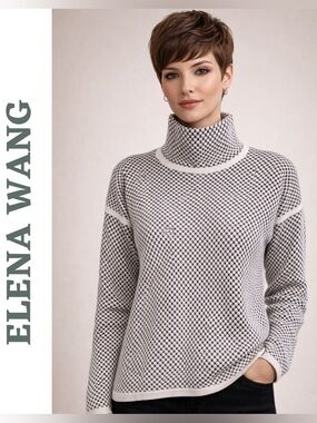 Elena Wang Textured Turtleneck Sweater Cream Black Medium / Large